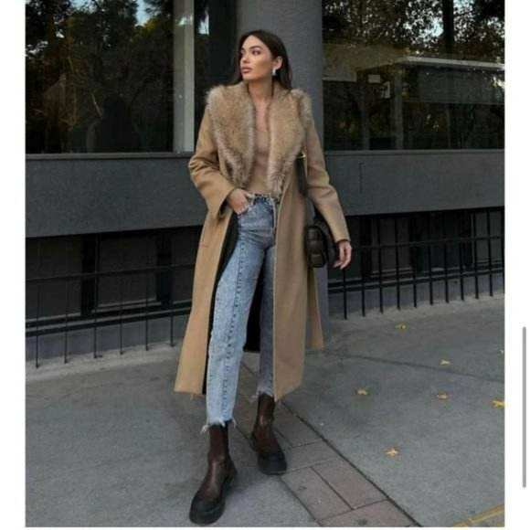 ZARA FUR COLLAR WOOL BLEND BELTED COAT TAN - Picture 8 of 11